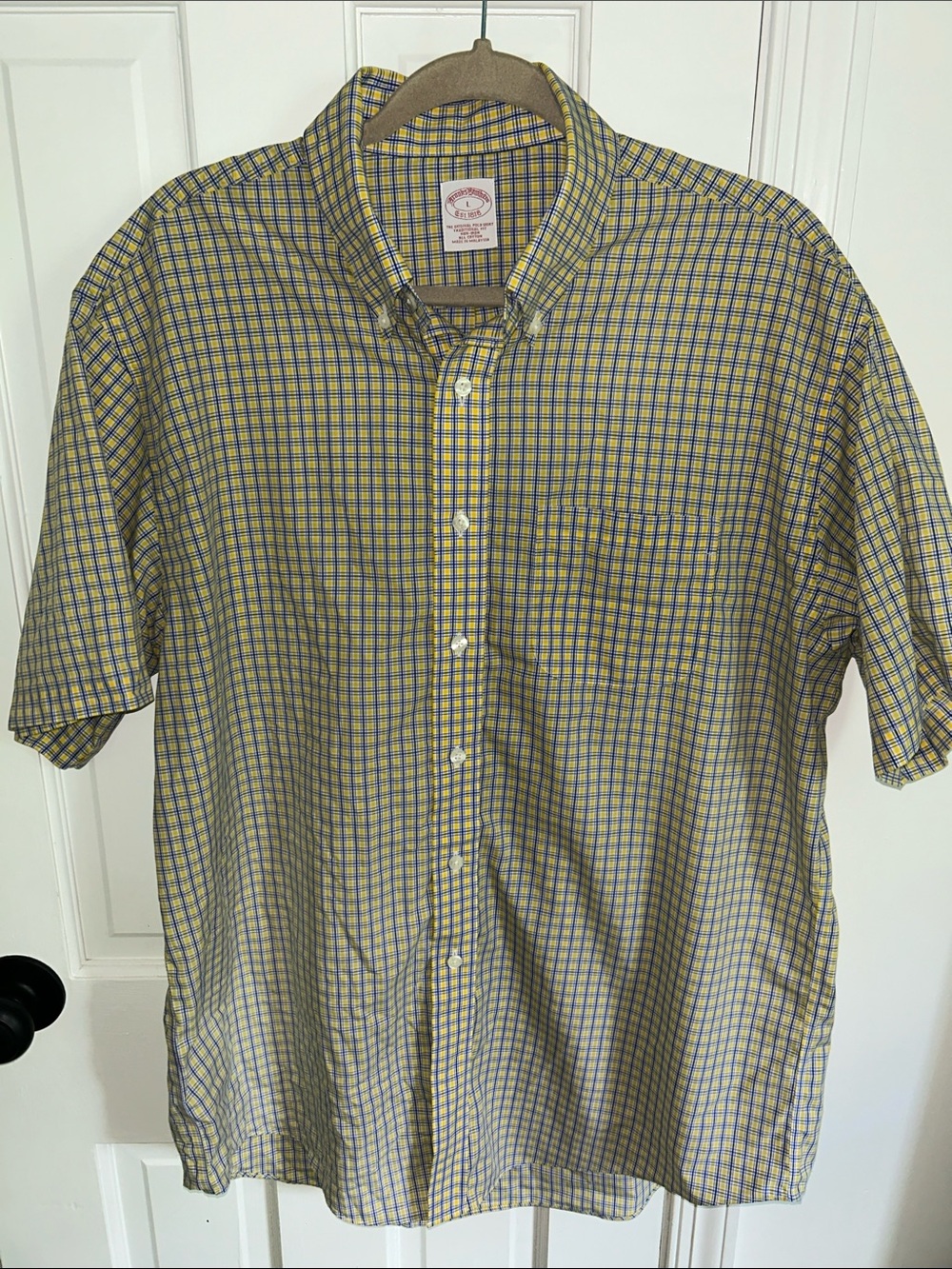 Brooks Brothers Yellow and Blue Checked Short-Sleeve Button-Down Shirt